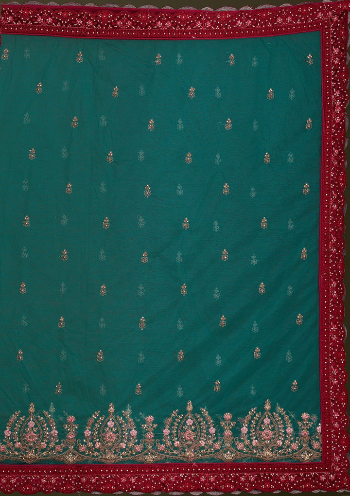 Peacock Blue Cording Velvet Readymade Lehenga-Koskii
