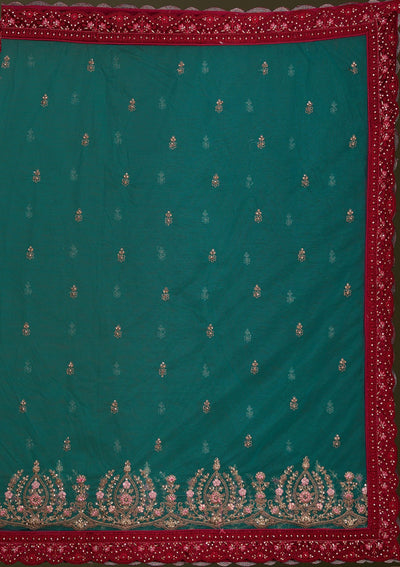Peacock Blue Cording Velvet Readymade Lehenga-Koskii