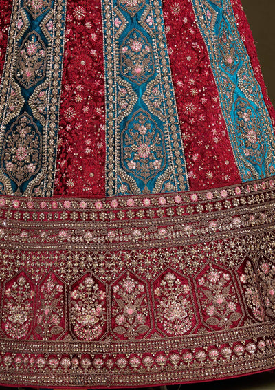 Peacock Blue Cording Velvet Readymade Lehenga-Koskii