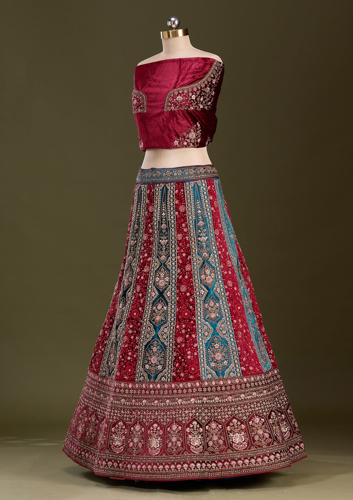 Peacock Blue Cording Velvet Readymade Lehenga-Koskii