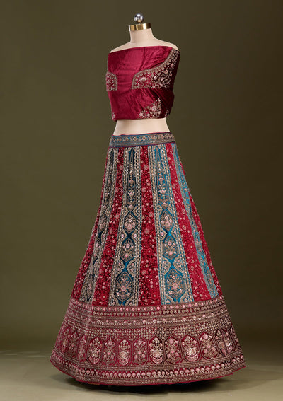 Peacock Blue Cording Velvet Readymade Lehenga-Koskii