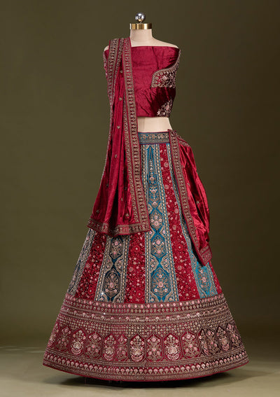 Peacock Blue Cording Velvet Readymade Lehenga-Koskii