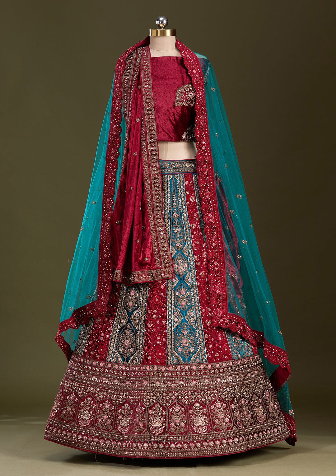 Peacock Blue Cording Velvet Readymade Lehenga-Koskii