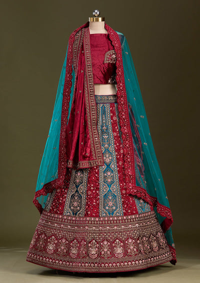 Peacock Blue Cording Velvet Readymade Lehenga-Koskii