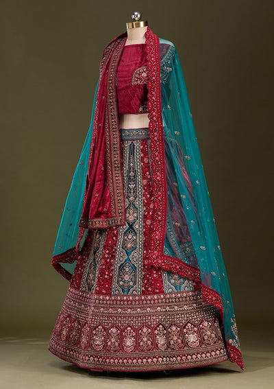Peacock Blue Cording Velvet Readymade Lehenga-Koskii