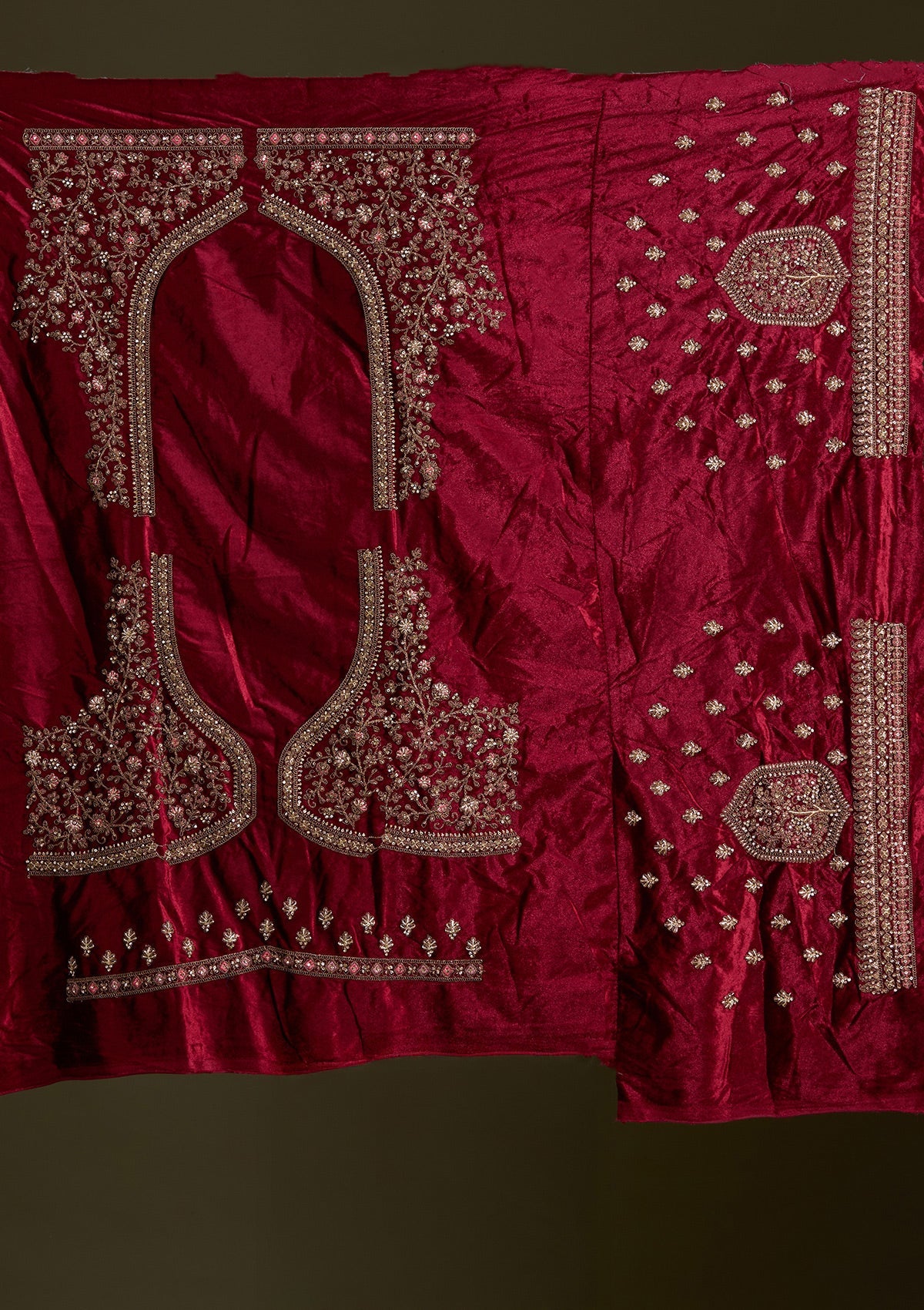 Beige Cording Velvet Readymade Lehenga-Koskii