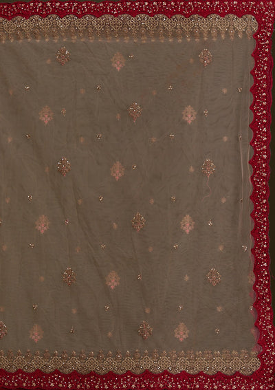 Beige Cording Velvet Readymade Lehenga-Koskii