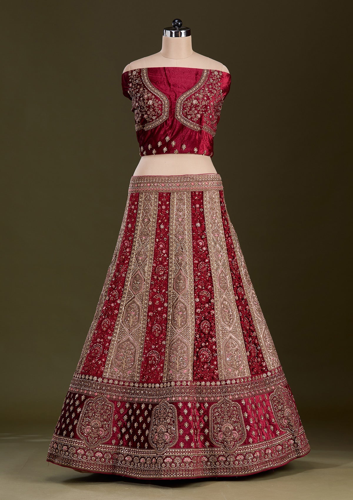 Beige Cording Velvet Readymade Lehenga-Koskii