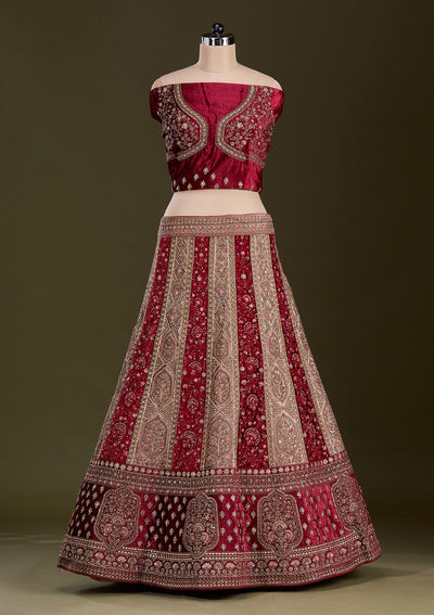 Beige Cording Velvet Readymade Lehenga-Koskii