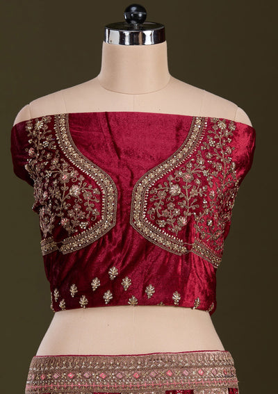 Beige Cording Velvet Readymade Lehenga-Koskii