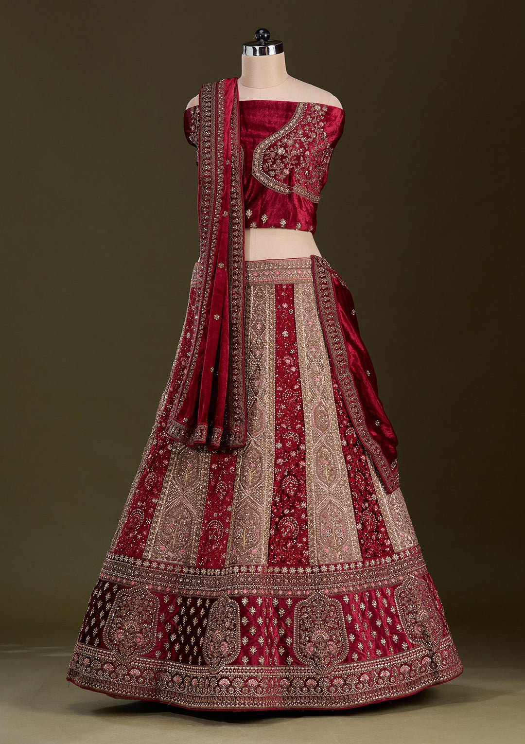 Beige Cording Velvet Readymade Lehenga-Koskii