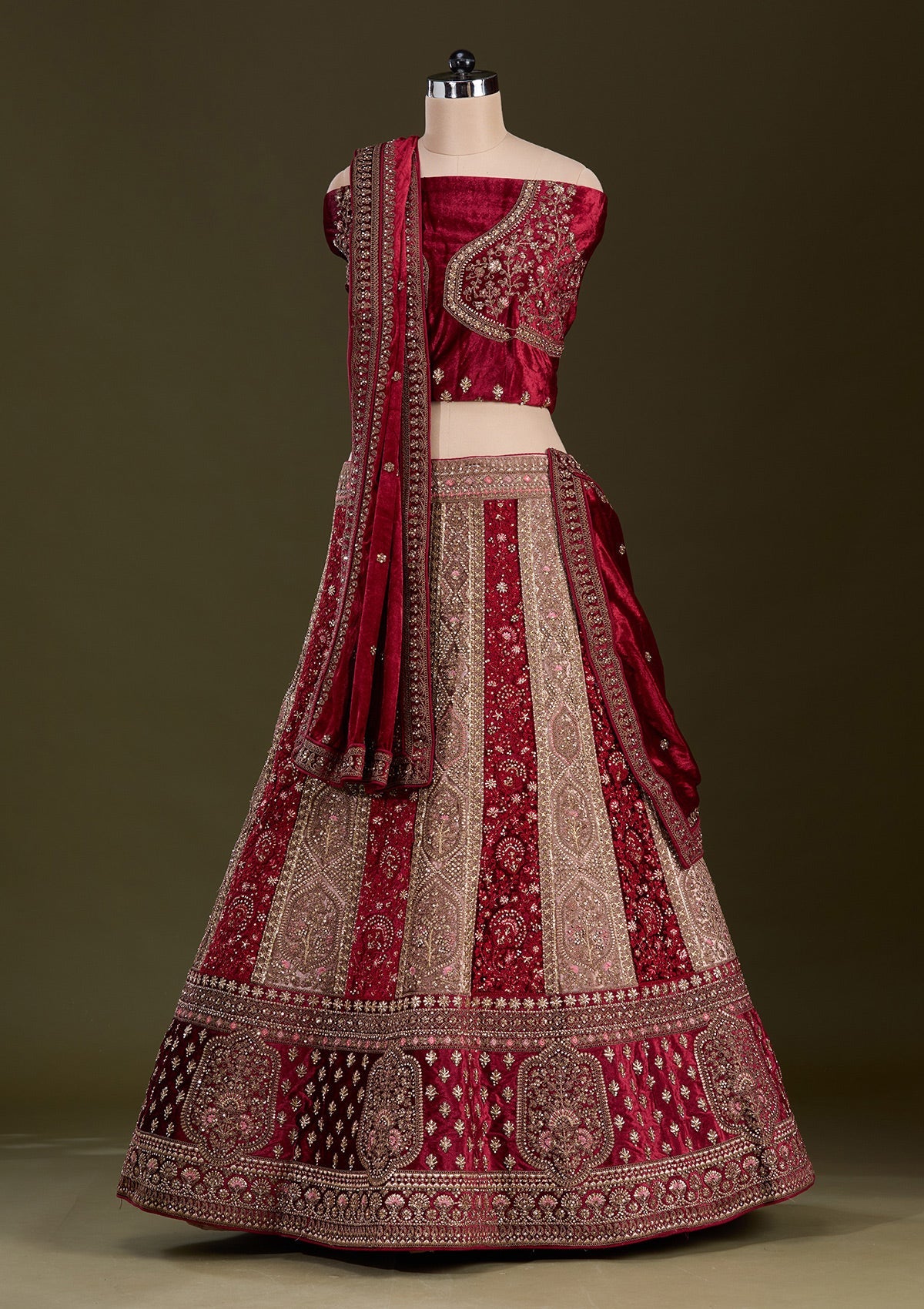 Beige Cording Velvet Readymade Lehenga-Koskii
