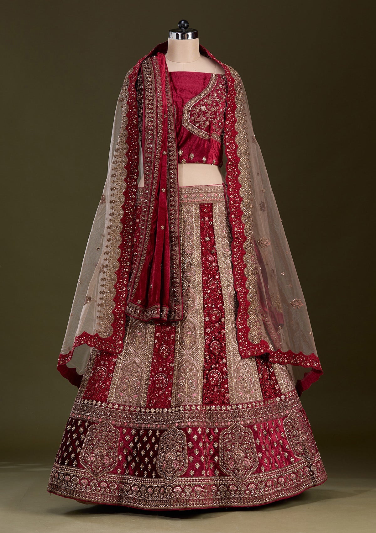 Beige Cording Velvet Readymade Lehenga-Koskii