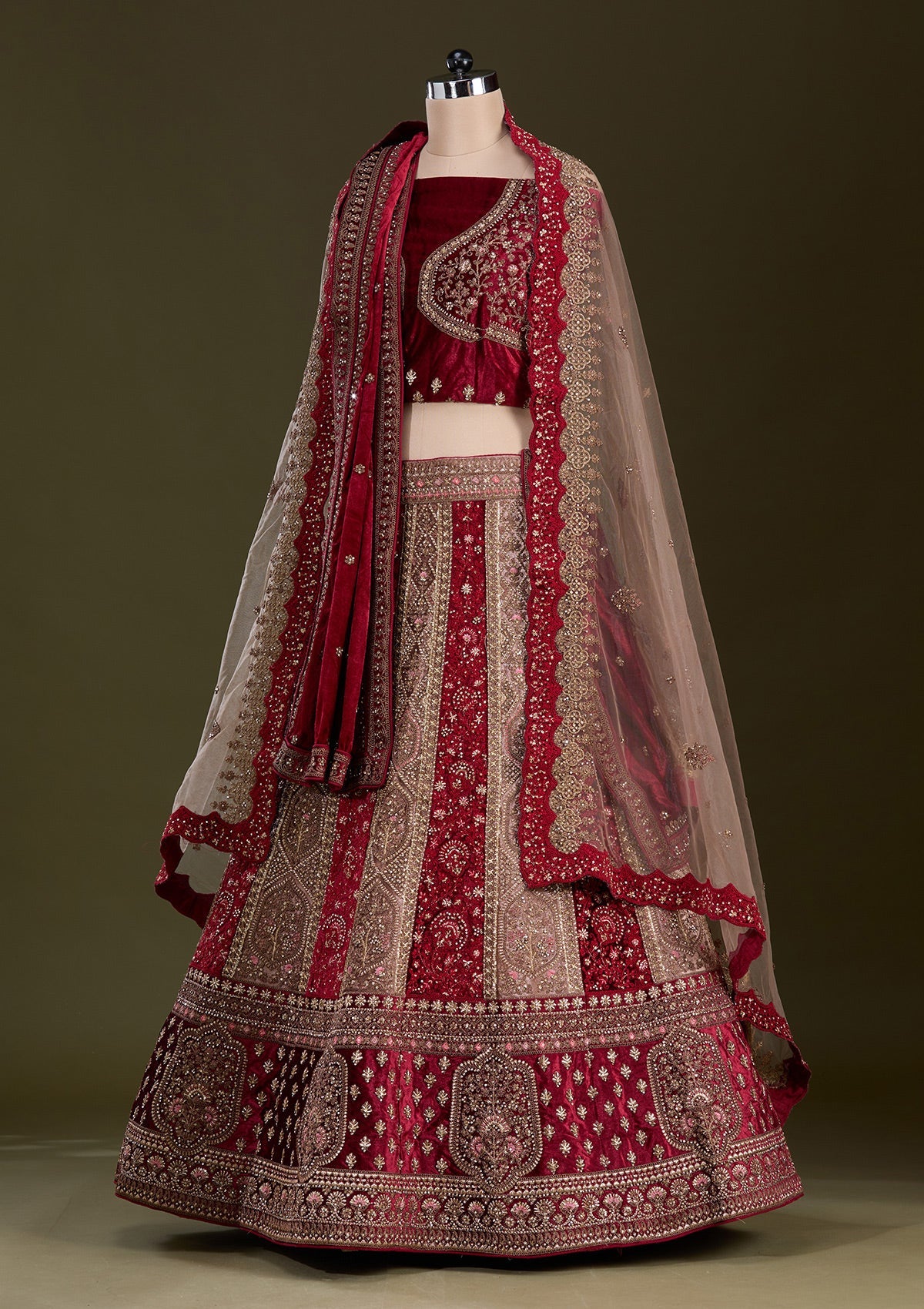 Beige Cording Velvet Readymade Lehenga-Koskii