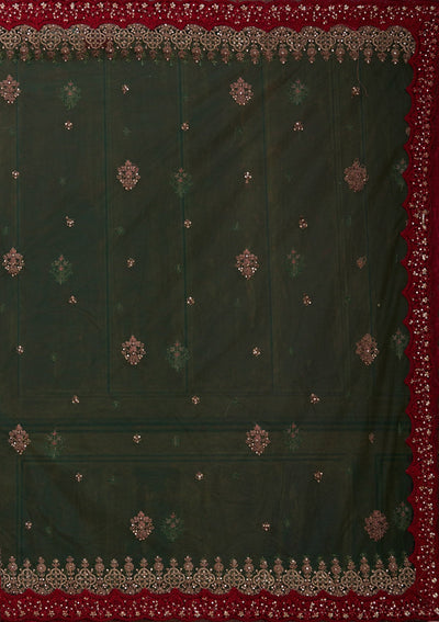 Bottle Green Cording Velvet Readymade Lehenga-Koskii