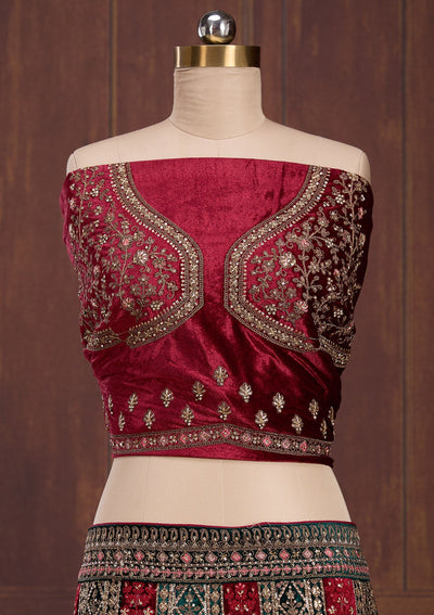 Bottle Green Cording Velvet Readymade Lehenga-Koskii