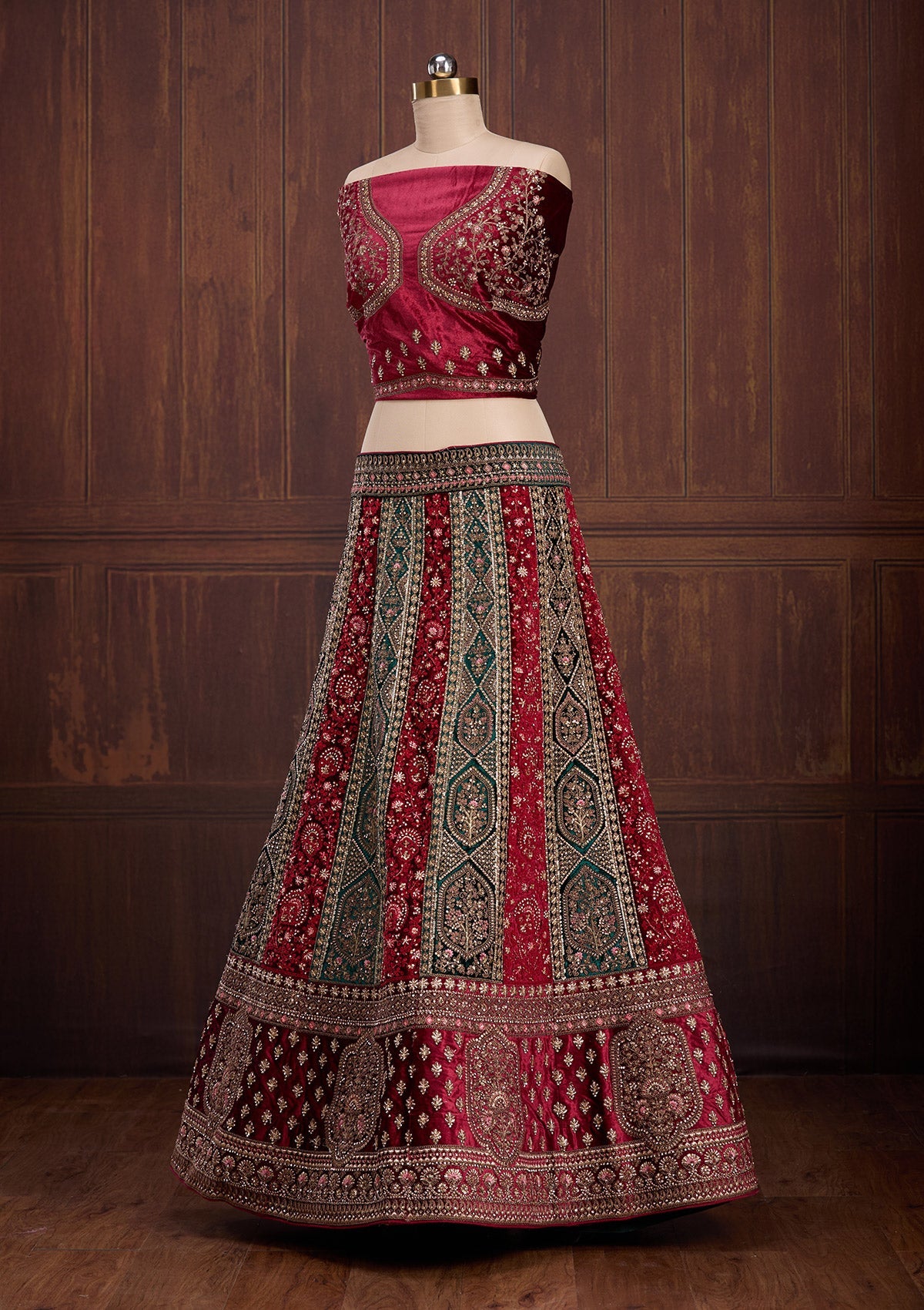Bottle Green Cording Velvet Readymade Lehenga-Koskii