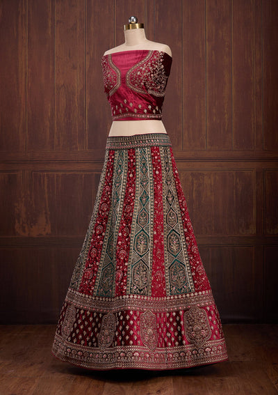 Bottle Green Cording Velvet Readymade Lehenga-Koskii