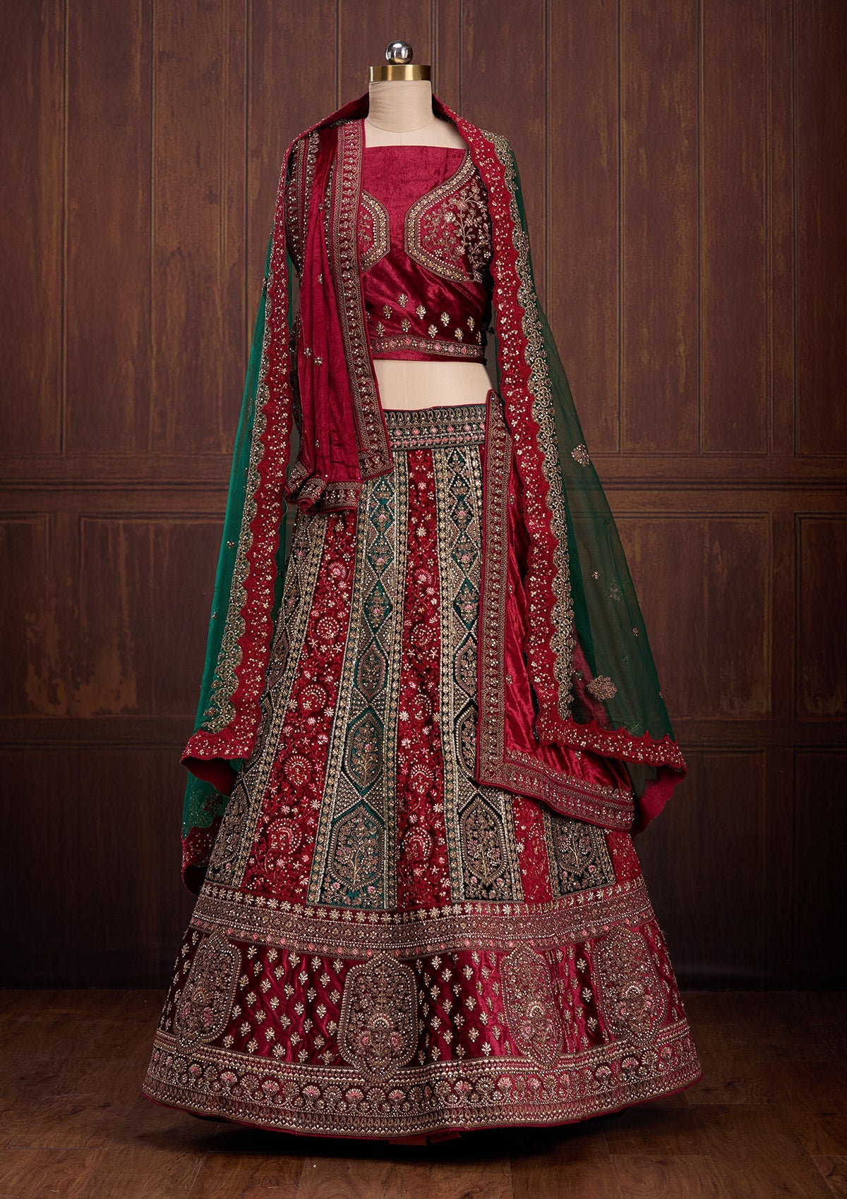 Bottle Green Cording Velvet Readymade Lehenga-Koskii