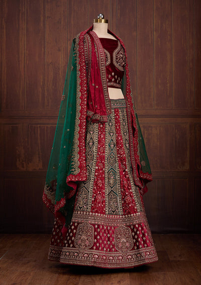 Bottle Green Cording Velvet Readymade Lehenga-Koskii