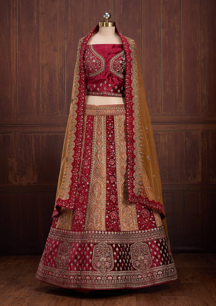 Mustard Cording Velvet Readymade Lehenga-Koskii