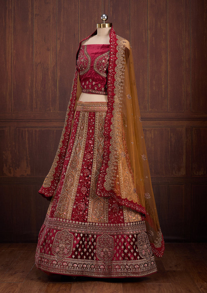 Mustard Cording Velvet Readymade Lehenga-Koskii