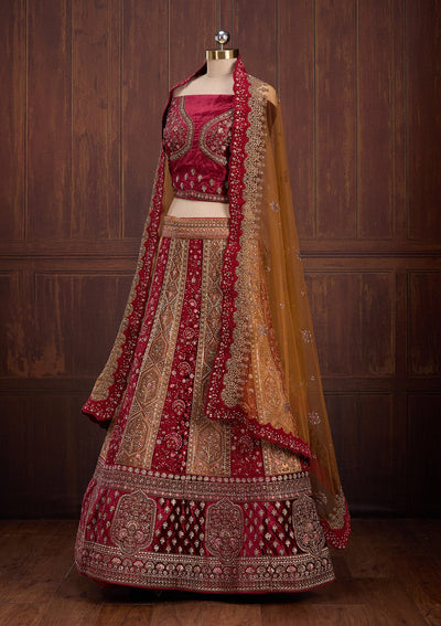 Mustard Cording Velvet Readymade Lehenga-Koskii