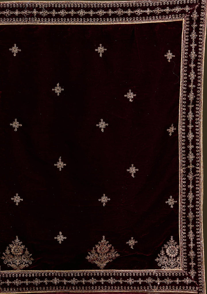 Dark Maroon Cording Velvet Readymade Lehenga-Koskii