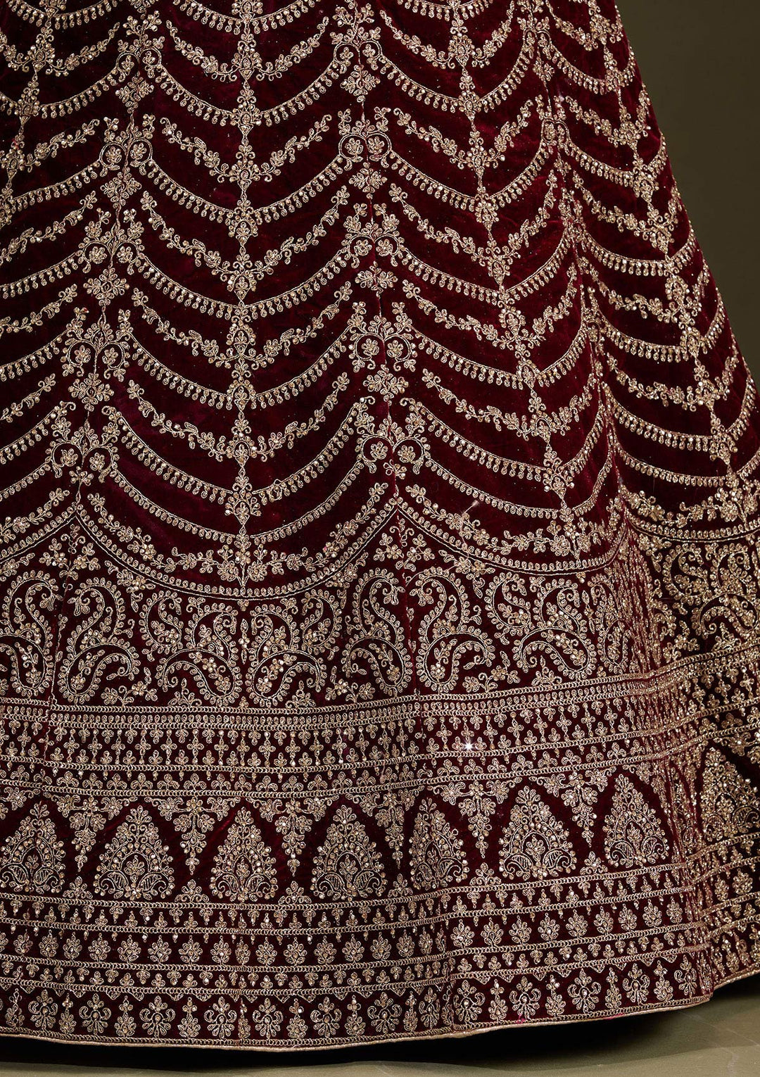 Dark Maroon Cording Velvet Readymade Lehenga-Koskii