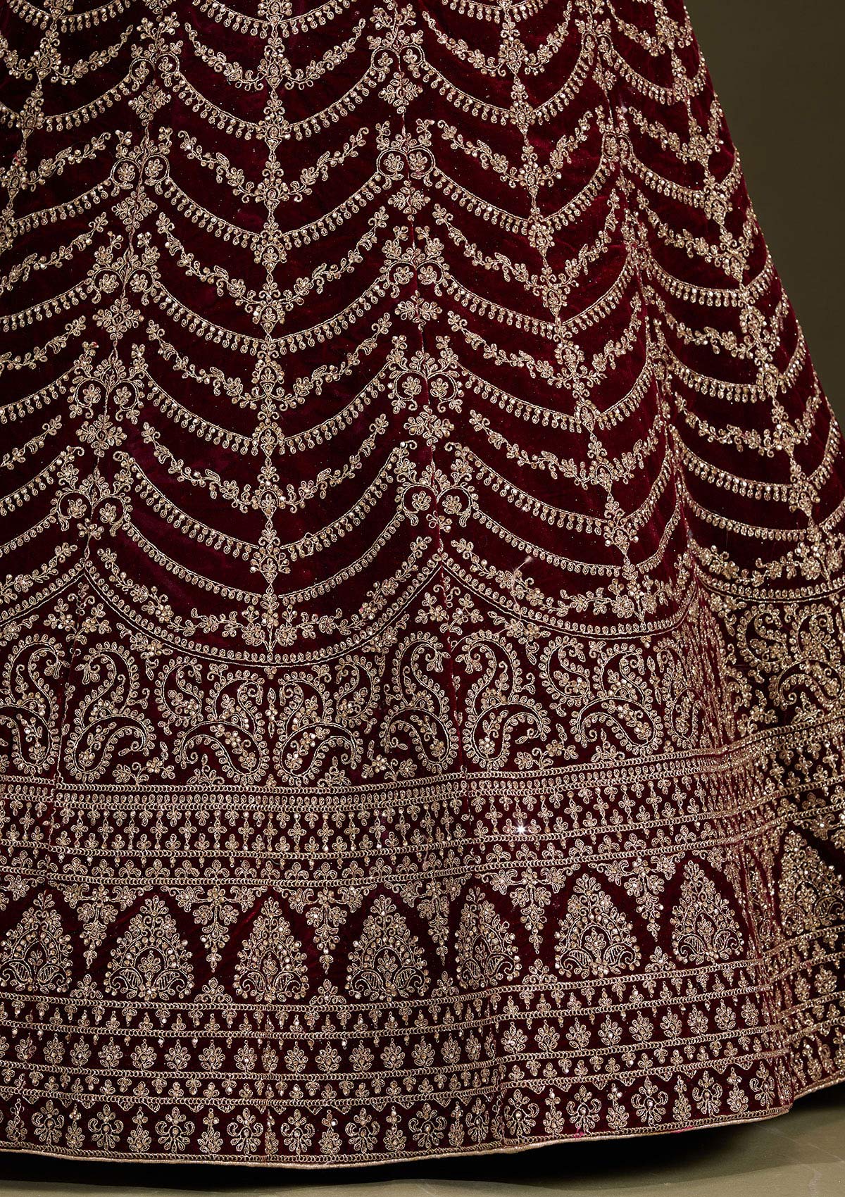 Dark Maroon Cording Velvet Readymade Lehenga-Koskii