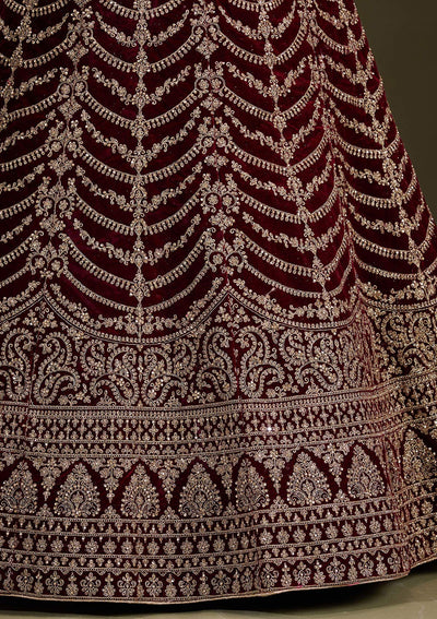 Dark Maroon Cording Velvet Readymade Lehenga-Koskii