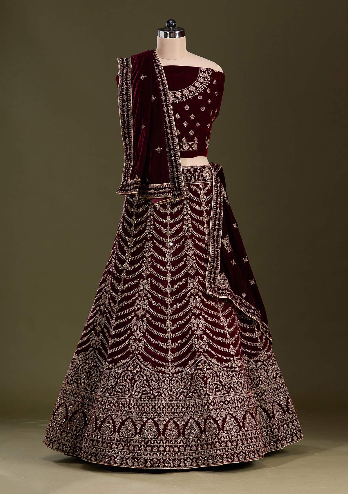 Dark Maroon Cording Velvet Readymade Lehenga-Koskii