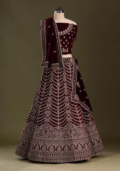 Dark Maroon Cording Velvet Readymade Lehenga-Koskii