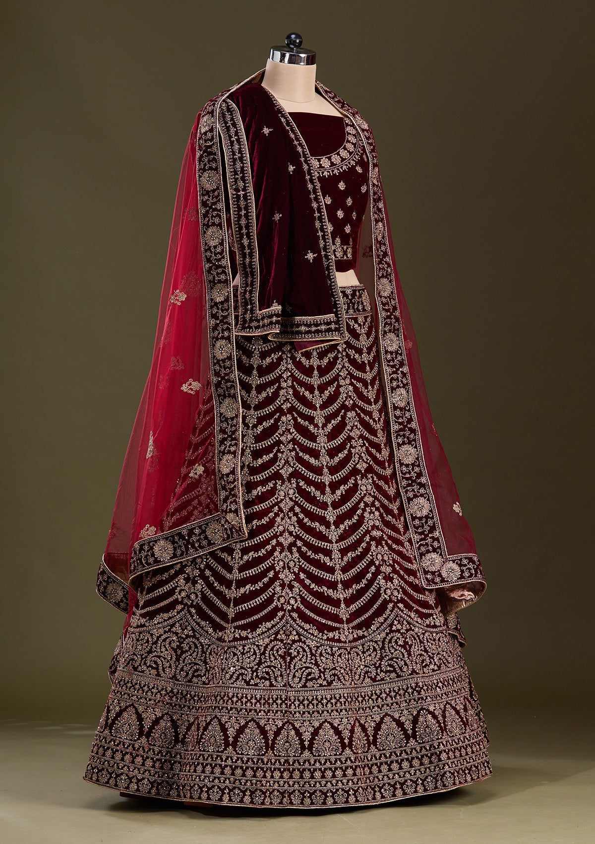 Dark Maroon Cording Velvet Readymade Lehenga-Koskii