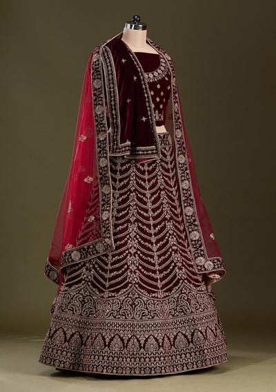 Dark Maroon Cording Velvet Readymade Lehenga-Koskii