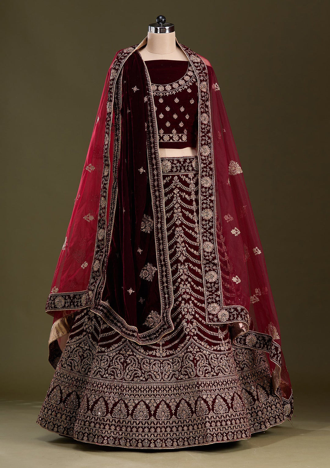 Dark Maroon Cording Velvet Readymade Lehenga-Koskii