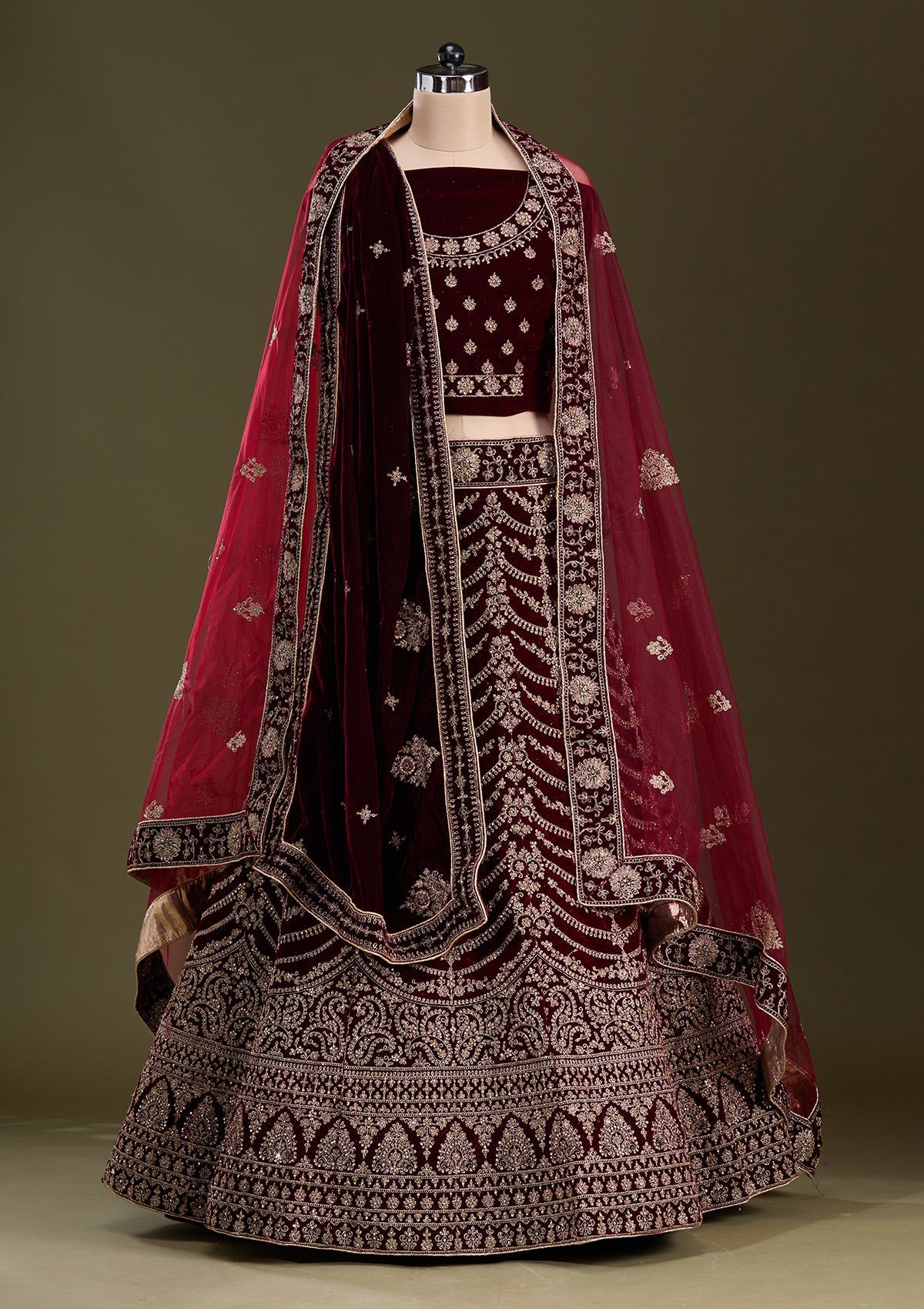 Dark Maroon Cording Velvet Readymade Lehenga-Koskii