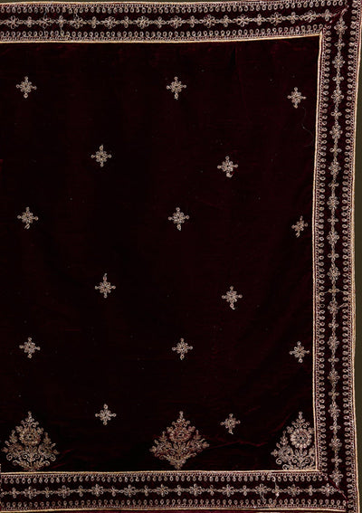 Dark Maroon Cording Velvet Readymade Lehenga-Koskii