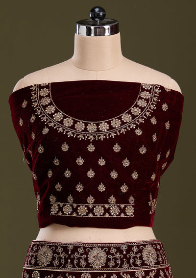 Dark Maroon Cording Velvet Readymade Lehenga-Koskii
