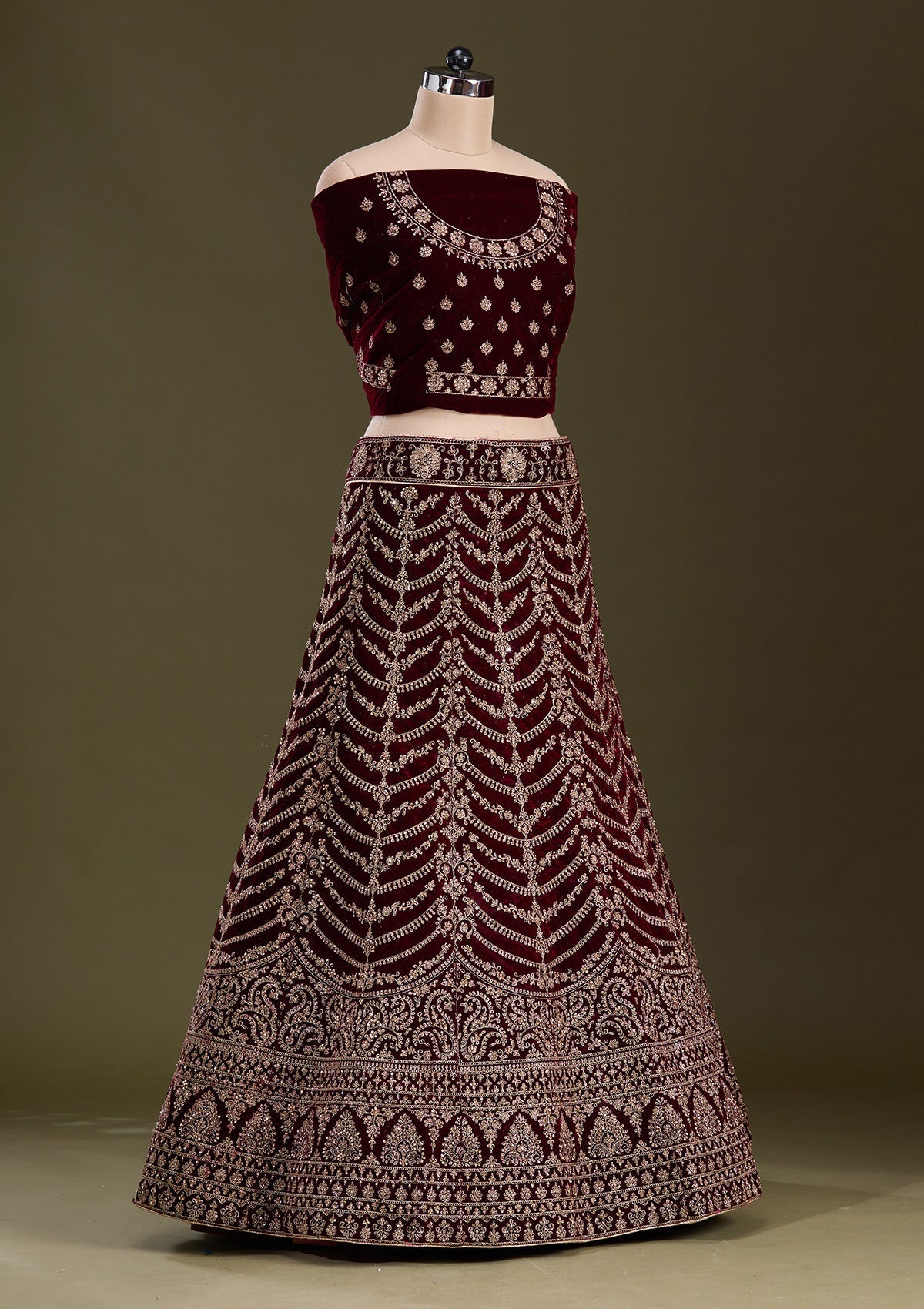 Dark Maroon Cording Velvet Readymade Lehenga-Koskii