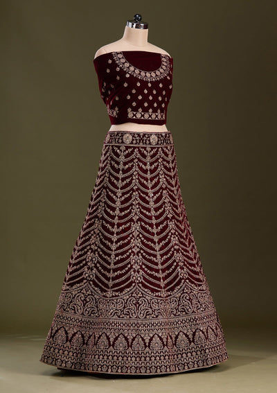Dark Maroon Cording Velvet Readymade Lehenga-Koskii