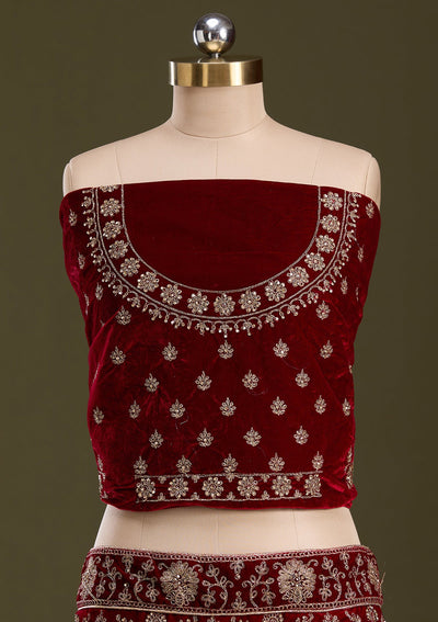 Maroon Cording Velvet Readymade Lehenga-Koskii