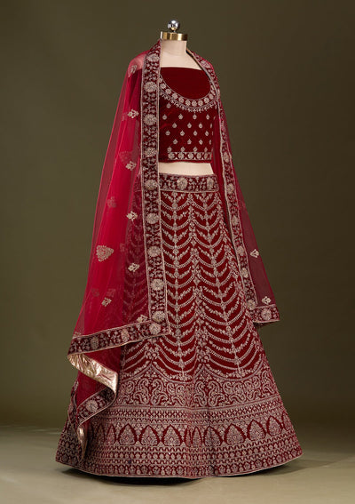 Maroon Cording Velvet Readymade Lehenga-Koskii