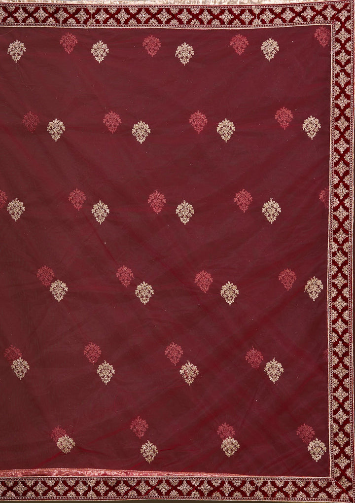 Maroon Cording Velvet Readymade Lehenga-Koskii