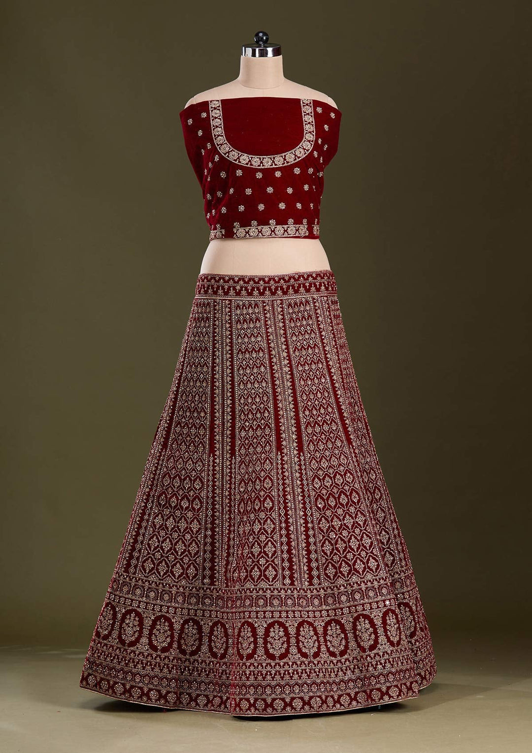 Maroon Cording Velvet Readymade Lehenga-Koskii
