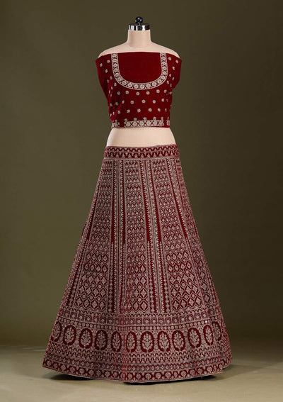 Maroon Cording Velvet Readymade Lehenga-Koskii