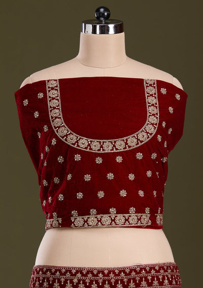Maroon Cording Velvet Readymade Lehenga-Koskii