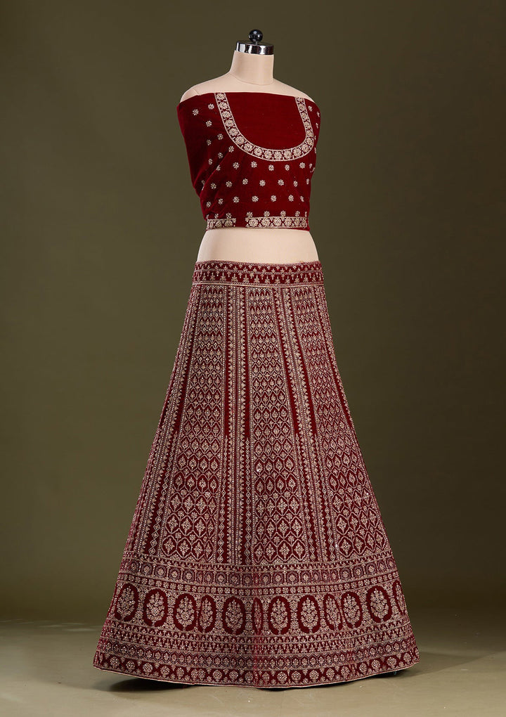 Maroon Cording Velvet Readymade Lehenga-Koskii