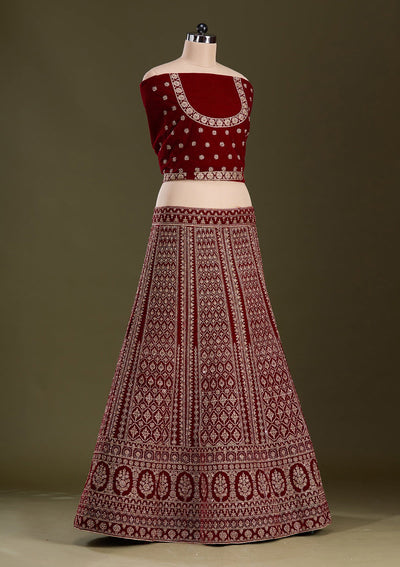 Maroon Cording Velvet Readymade Lehenga-Koskii