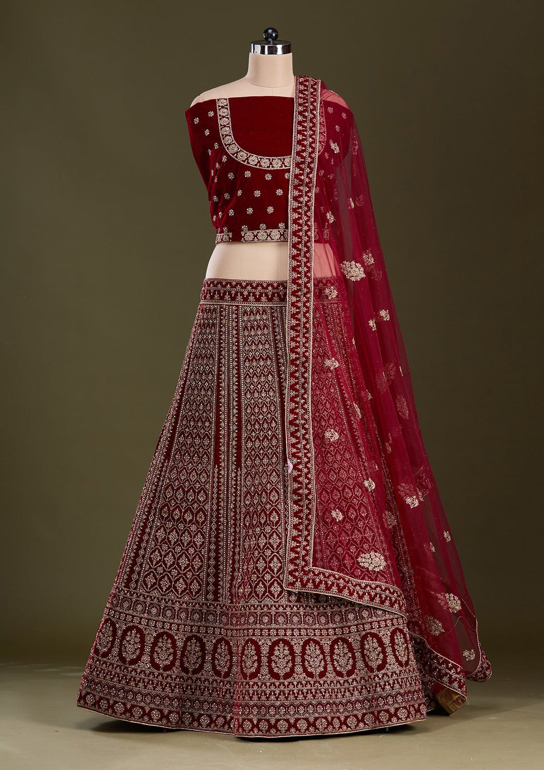Maroon Cording Velvet Readymade Lehenga-Koskii